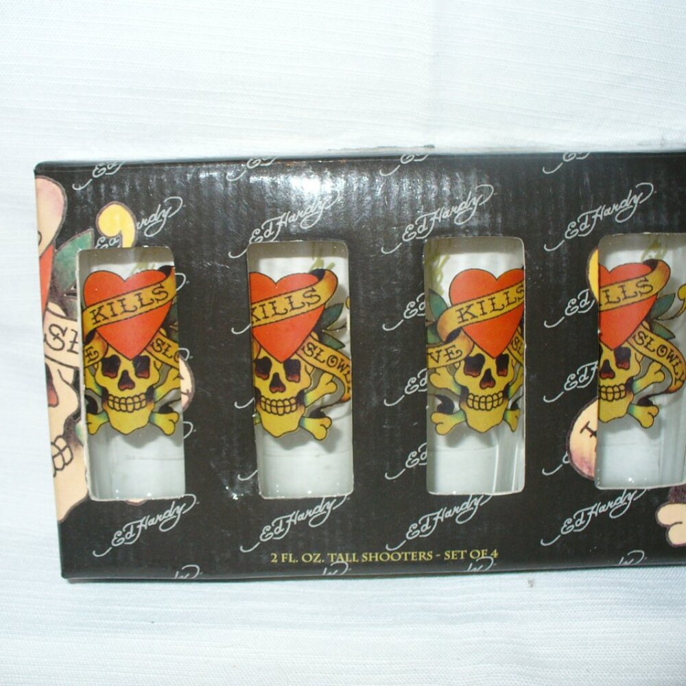 ED HARDY Vintage  shot Glasses  Set of 4  NIB  Skull